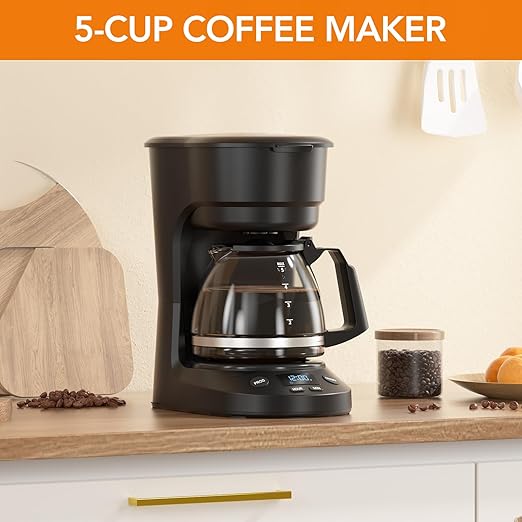 Electactic 5-Cup Programmable Drip Coffee Maker, a compact coffee machine with a digital clock and 24-hour programmable timer, featuring Auto Shut-Off, and a Removable Filter Basket for Home & Office.