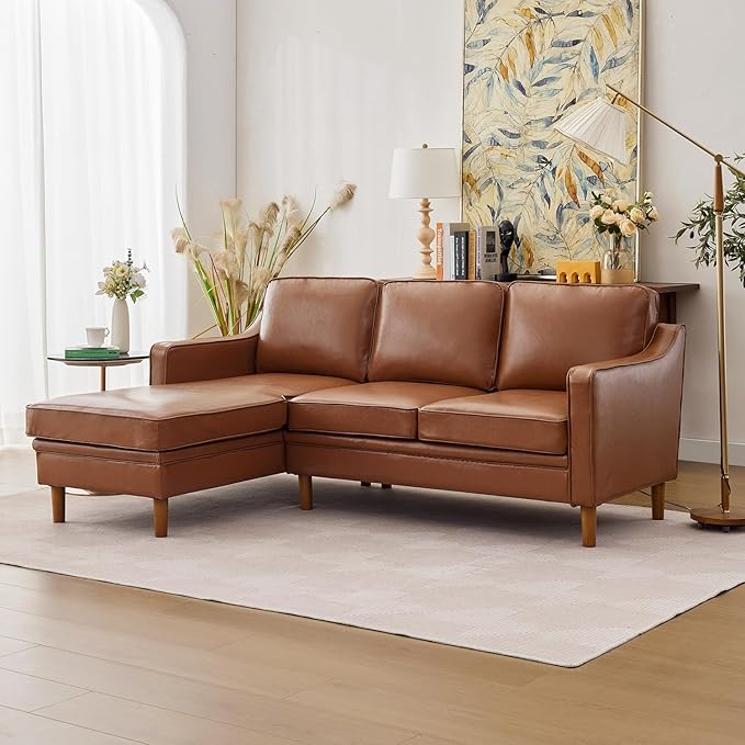 Kingfun 88" L-Shape Sofa, Faux Leather Sectional Couch, Mid Century Modern Couches with Solid Wood Frame for Living Room & Bedroom, Dark Brown