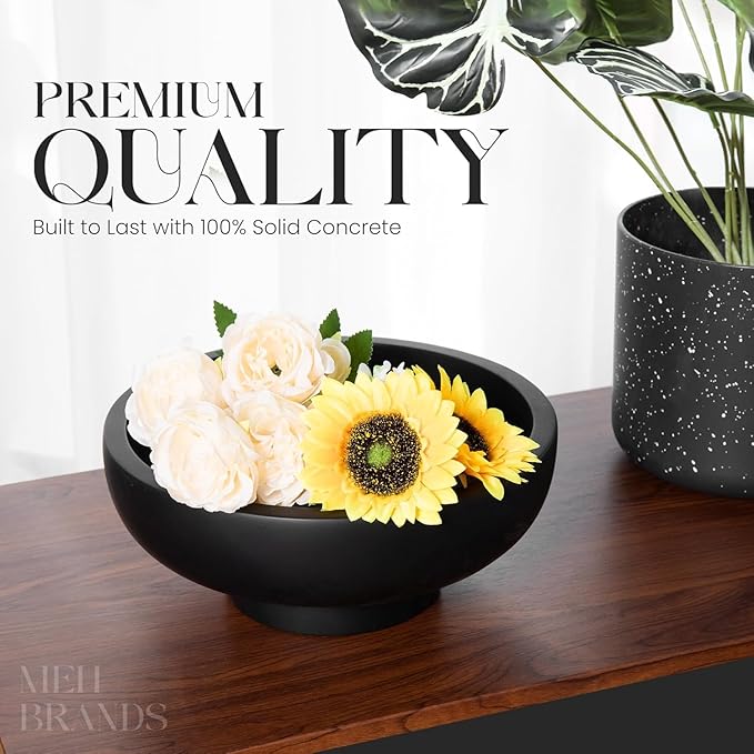 Concrete Fruit Bowl – Large Decorative Pedestal Bowl for Kitchen Counter, Entryway, or Coffee Table – Modern Catch – All Key Bowl – Heavyweight Centerpiece for Home Decor (Black)
