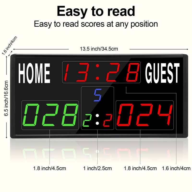 LED Electronic Scoreboard Digital Score Keeper with Remote/Timer/Shot Clock,Portable Basketball Scoreboard with 40-Foot Remote Control ,100FT VISIBLE,24H Clock,Score History,6 Brightness,3 Placements