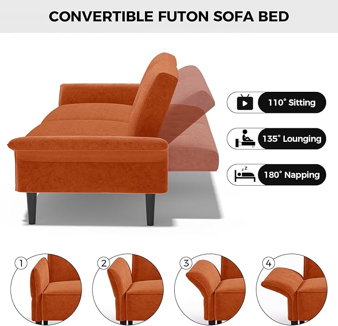 89” Futon Sofa Bed, Comfy Futon Couch Bed with 2 Square Pillows, Convertible Sleeper Sofa with Adjustable Backrest&Armrests, Modern Loveseat Sleeper for Living Room,Velvet Fabric,Burnt Orange