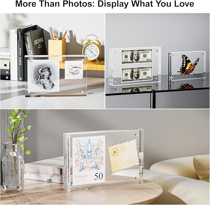 3 Pack 5x7 Acrylic Picture Frames - 20% Thicker Double Sided Magnetic Frame with UV Protection - Freestanding Clear Frameless Display for Tabletops - Modern Photo Frame Set for Home & Office Decor