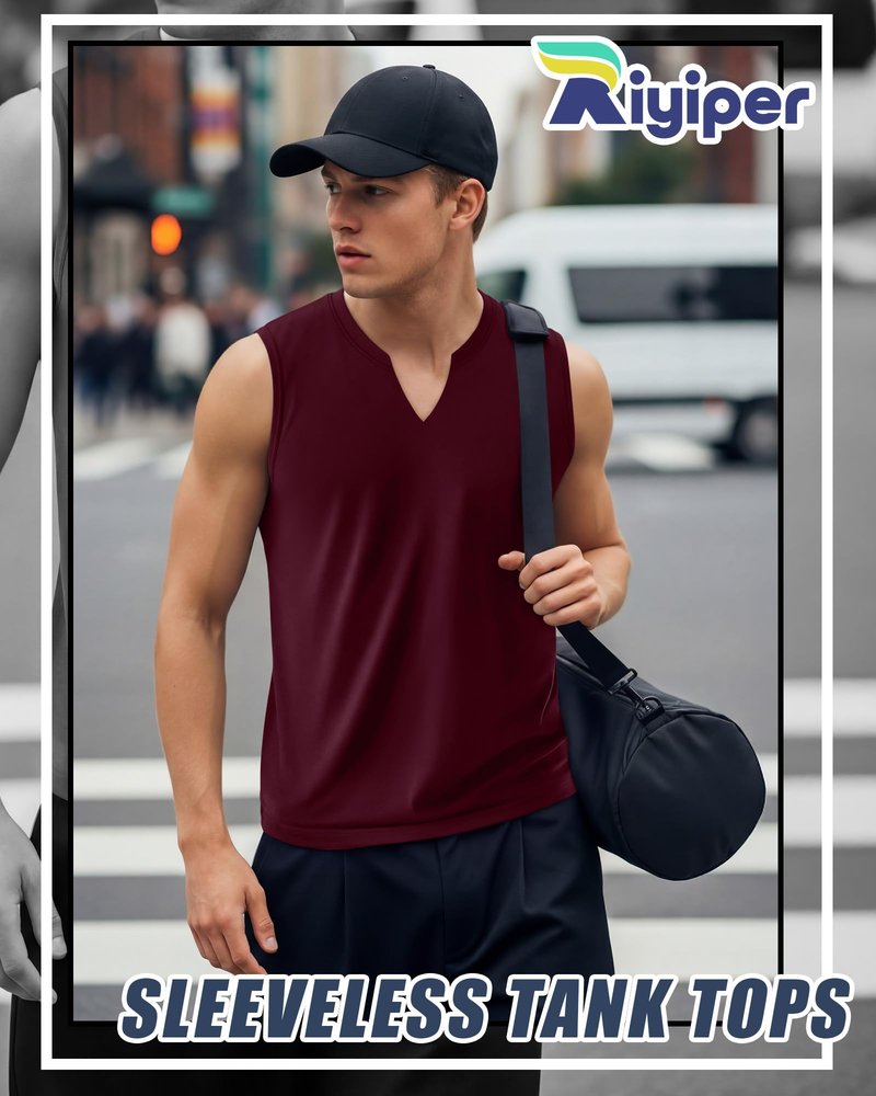 Riyiper 3 Pack Men's Sleeveless Tank Tops, V Neck Longline Henley T Shirts Casual Basic Muscle Shirts Stretch Athletic Tee(Black, Navy Blue, Wine Red,Large)