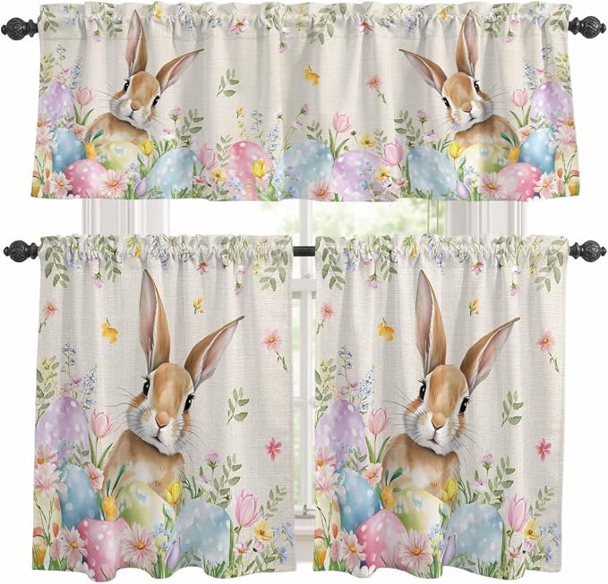 Kitchen Curtains Tiers and Valance Set of 3, Easter Light Filtering Window