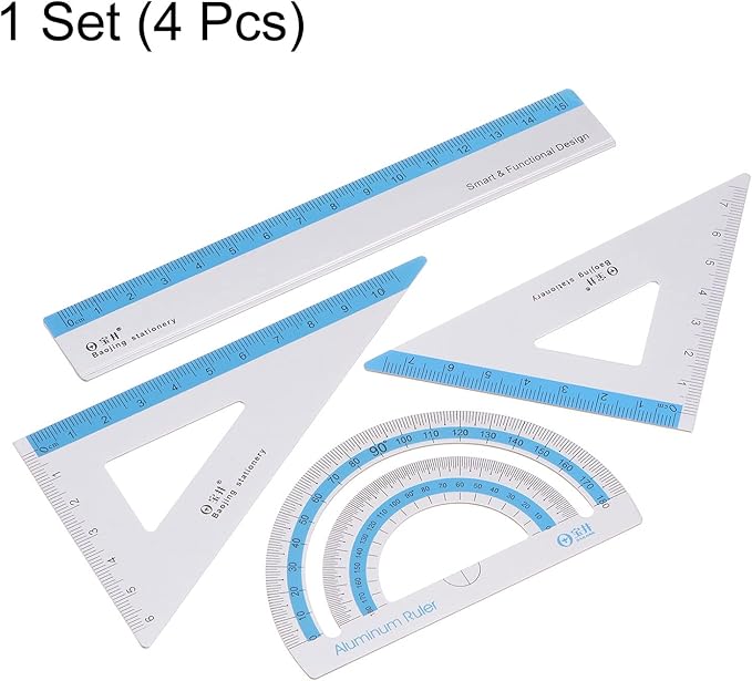 HARFINGTON 4pcs Geometry Set 15cm Metric Measure Ink Printing Aluminum Ruler Metal Ruler Set Triangle Protractor Ruler Tool Set for Classroom, Office, Home, Blue