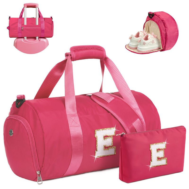Vogewood Cheer Gifts, Girls Travel Duffle Bag with Makeup Pouch, Initial Kids Overnight Weekend Bag with Shoe Compartment, Personalized Birthday Gift for Daughter (Letter E)