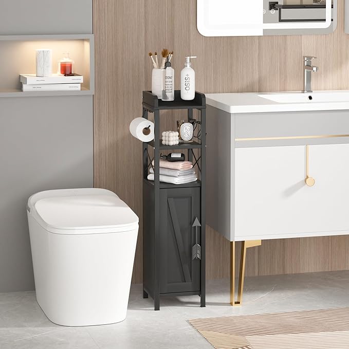 VECELO Small Bathroom Cabinet,Slim Toilet Paper Holder with Door&Metal Scroll, Upgraded Narrow Storage Organizer for Restroom Bathroom Tiny Space,Fenced Top Waterproof Coating,Black