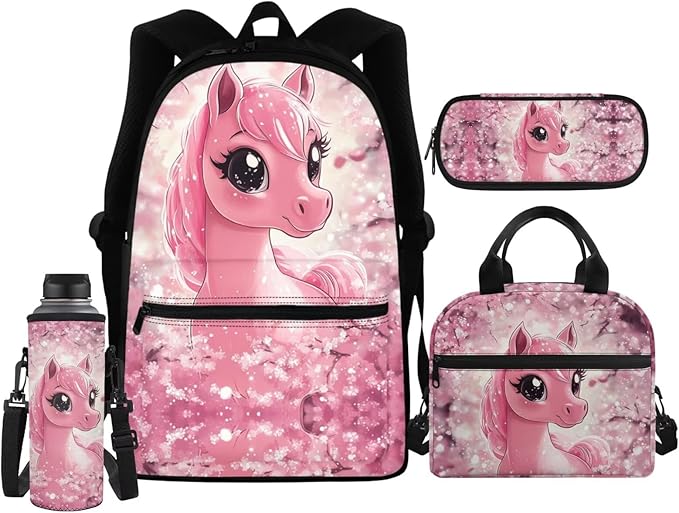 Cherry Blossom Horse Backpack for Kids Girls School Bag Set with Lunchbox Pencil Case Water Bottle Sleeve Elementary Kindergarten Preschool Bookbag Travel Daypack