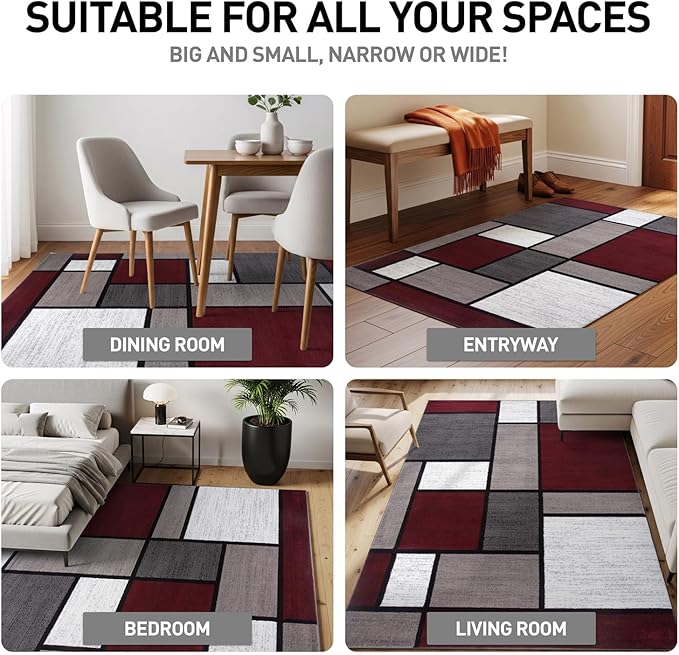 Rugshop Modern Geometric Boxes Red Area Rug, Non-Shedding Carpet for Entryway, Bathroom, or Small Space, 2' x 3'