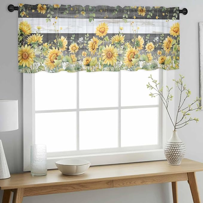 Summer Floral Sheer Valance Curtains, Watercolor Sunflower Eucalyptus Leaves