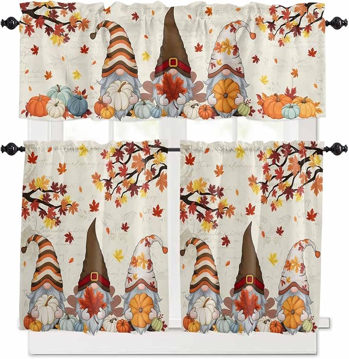 Fall Kitchen Curtain Set, Thanksgiving Gnomes Maple Leaf Pumpkin Beige Window