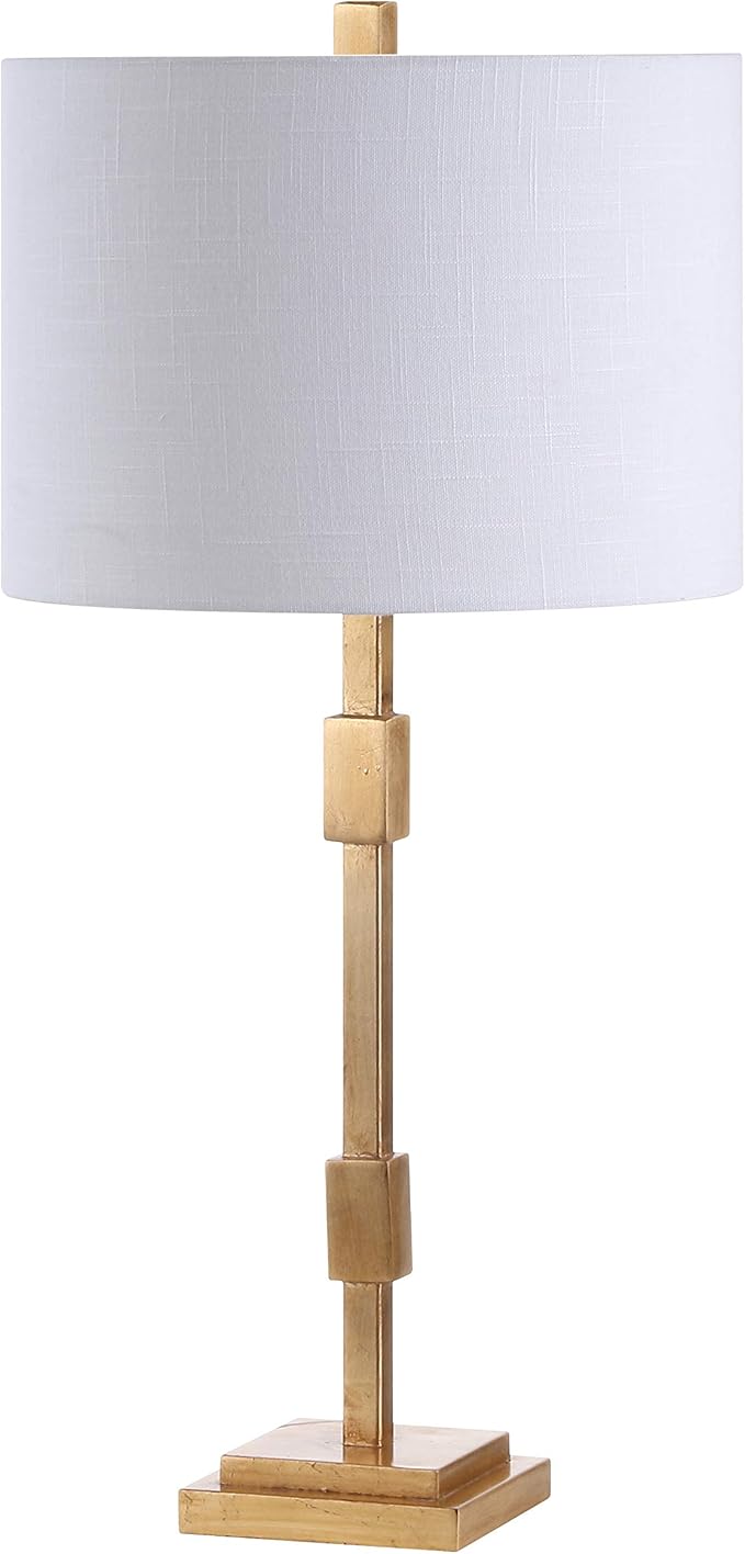 JONATHAN Y 29" Gold Leaf Modern Geometric Column LED Table Lamp, Transitional Iron Desk Lamp for Living Room Bedroom, White Linen Drum Shade, UL Listed, LED Bulb Included JYL3037A