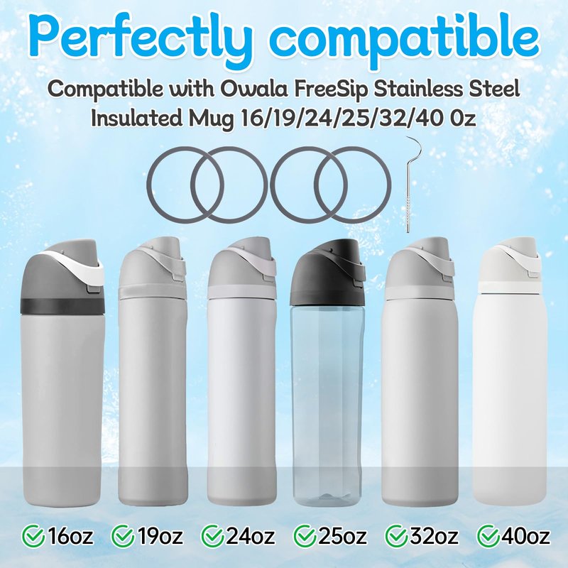 BMSQOFD 4pcs Replacement Seal O Ring Silicone Gasket Compatible with Owala FreeSip 16/24/25/32/40 oz,Water Bottle Lid Insert Piece Rubber Seal Parts for Owala Kids 12 15oz Tumbler Accessories(Grey)