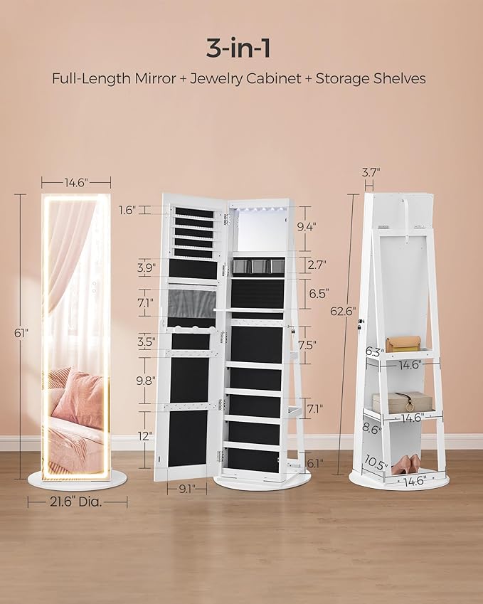 SONGMICS LED Jewelry Cabinet Standing, Lockable Armoire With Full-Length Mirror and Adjustable Lights, Space-Saving Organizer, Gift Idea, Cloud White UJJC008W01