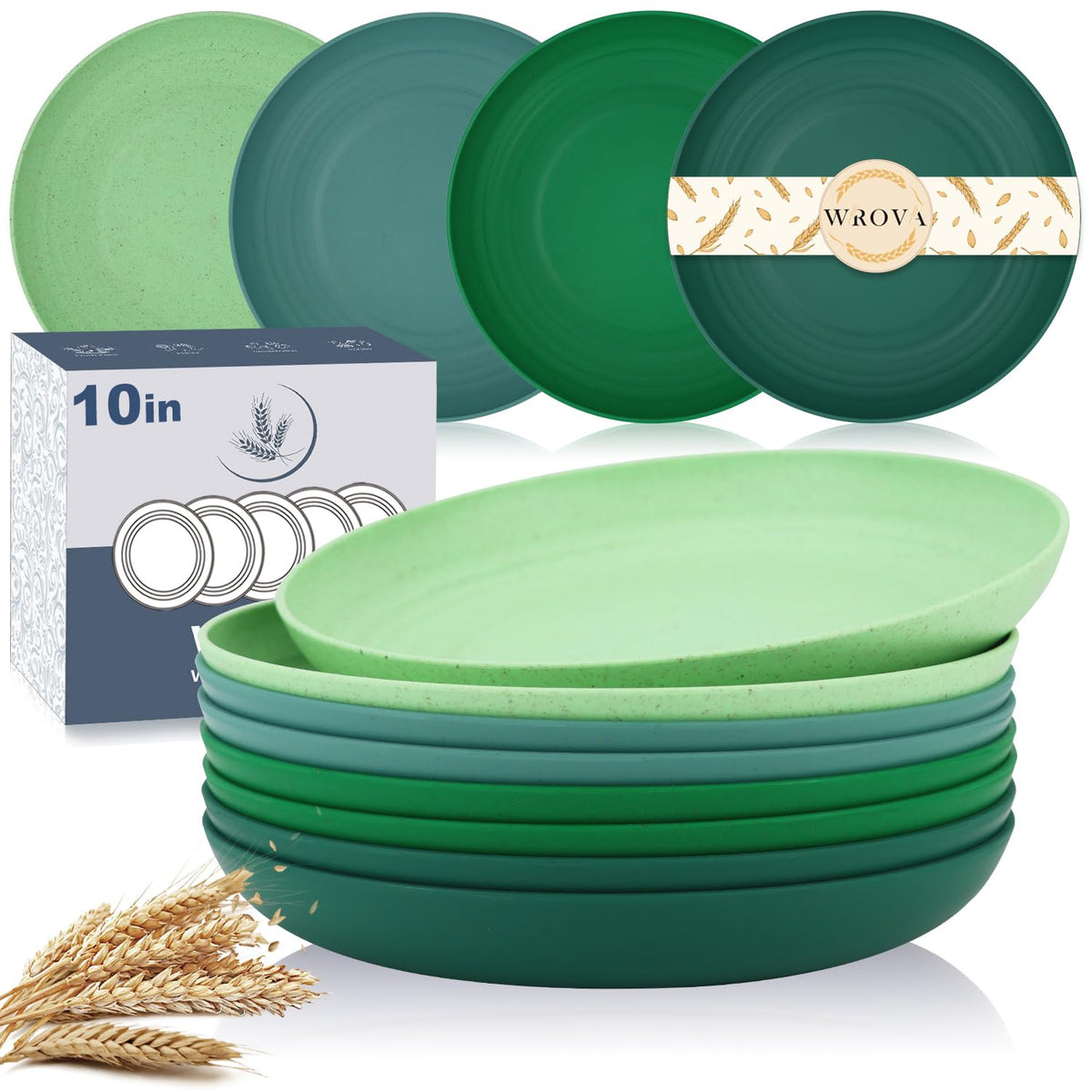 Wrova Wheat Straw Plates - 8 Inch Unbreakable Dinner Plates Set of 8 - Dishwasher & Microwave Safe Plastic Plates Reusable - Lightweight Plates for kitchen,R.V (pure black)