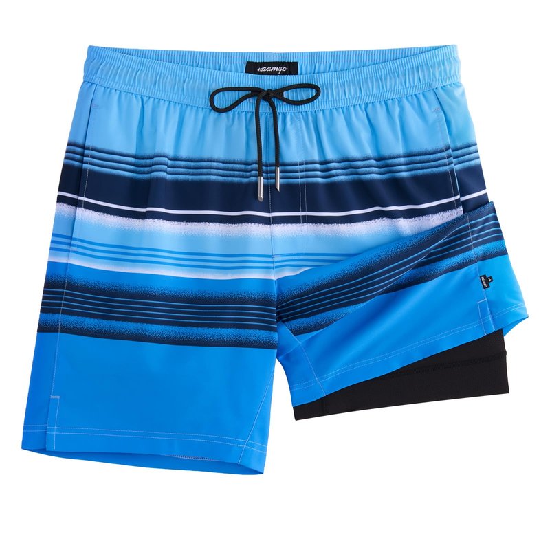 maamgic Mens Swim Trunks with Compression Liner 7 Inch Inseam Mens Bathing Suit Quick Dry Swimming Trunks Swimsuit Stripe Blue Black Small