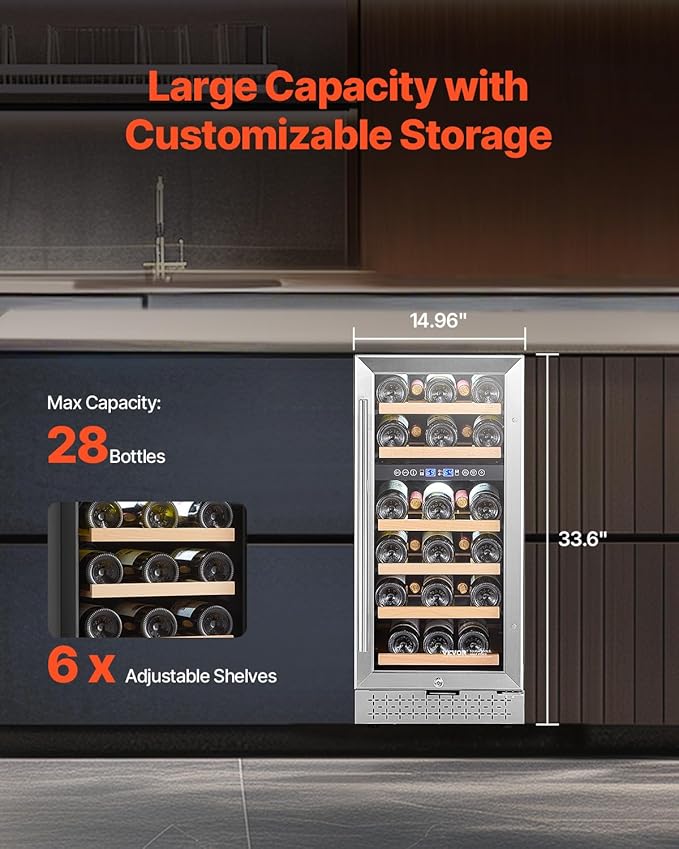 VEVOR Wine Cooler, 28 Bottle Dual Zone Wine Fridge, Mini Wine Cooler Refrigerator with Glass Door, Adjustable Shelves, Digital Temperature Control, Built-in & Freestanding Fridge for Home Office Bar