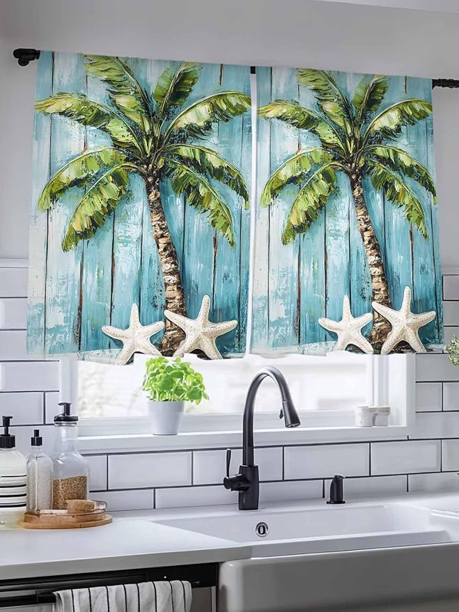 Sheer Curtains 54 Inch Length, Coastal Beach Starfish Semi Sheer Curtains Light