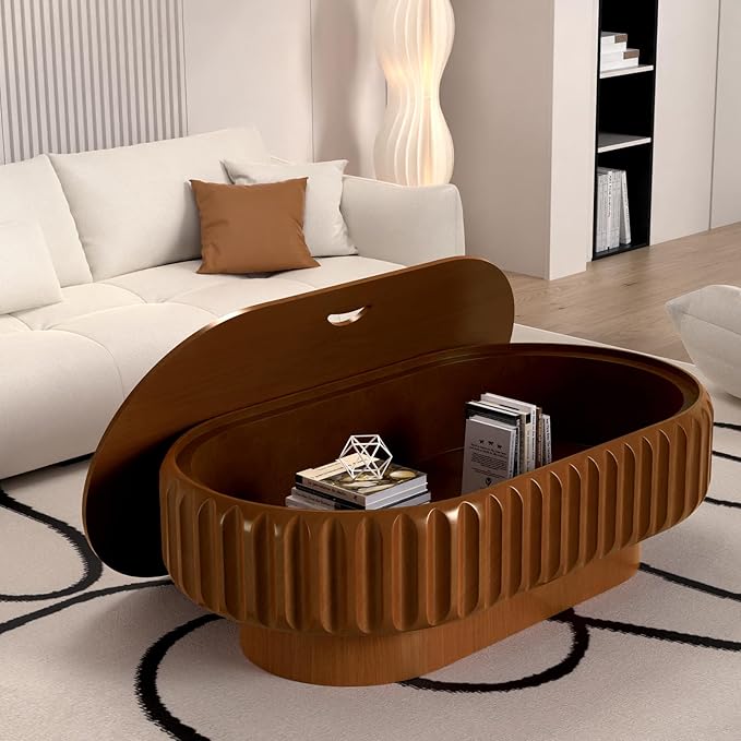 43.3" Oval Drum Coffee Table with Storage Modern Unique Fluted Tea Table Contemporary Wood Oval Coffee Table Centr Table for Living Room Apartment (Brown oval-43.3in)