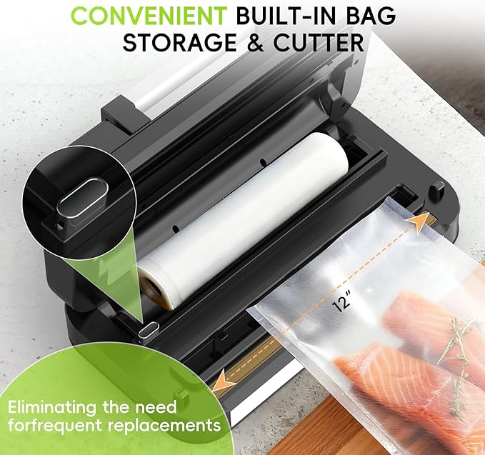 95kpa Vacuum Sealer for Food, 125W Food Saver Vacuum Sealer Machine, 10-in-1 Compact Meat Vacuum Packing Machine with Bags Storage, Built-in Cutter, Easy-Lock Handle, Ideal for Home and Commercial Use