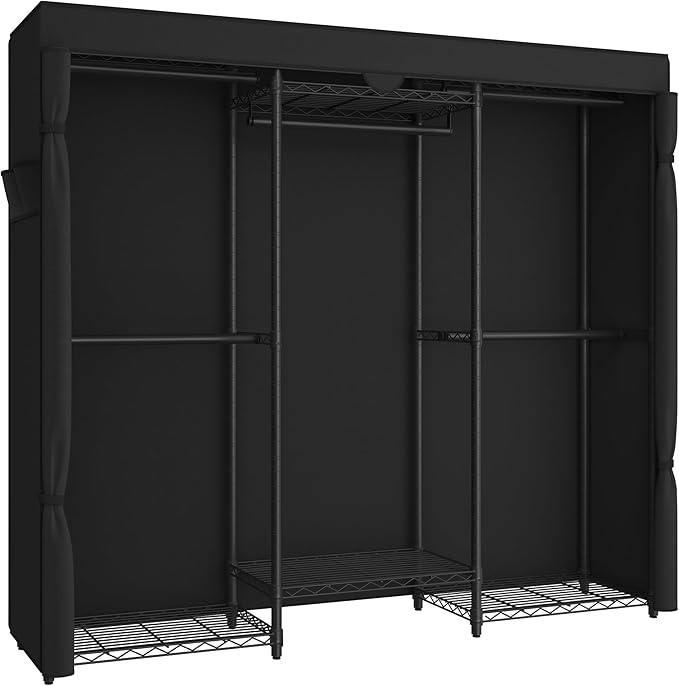 SONGMICS Heavy-Duty Clothes Rack, Garment Rack, Portable Closet, 68.7-Inch Wide Clothing Rack with Adjustable Mesh Shelves and Hanging Rails, Ink Black ULGR435B01