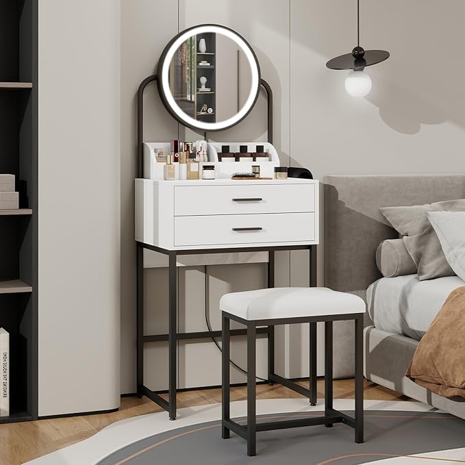 ARTETHYS Small Vanity Desk with Mirror and Lights Compact Makeup Vanity Set with Drawers for Bedroom Mini White Modern Dressing Table with Stool
