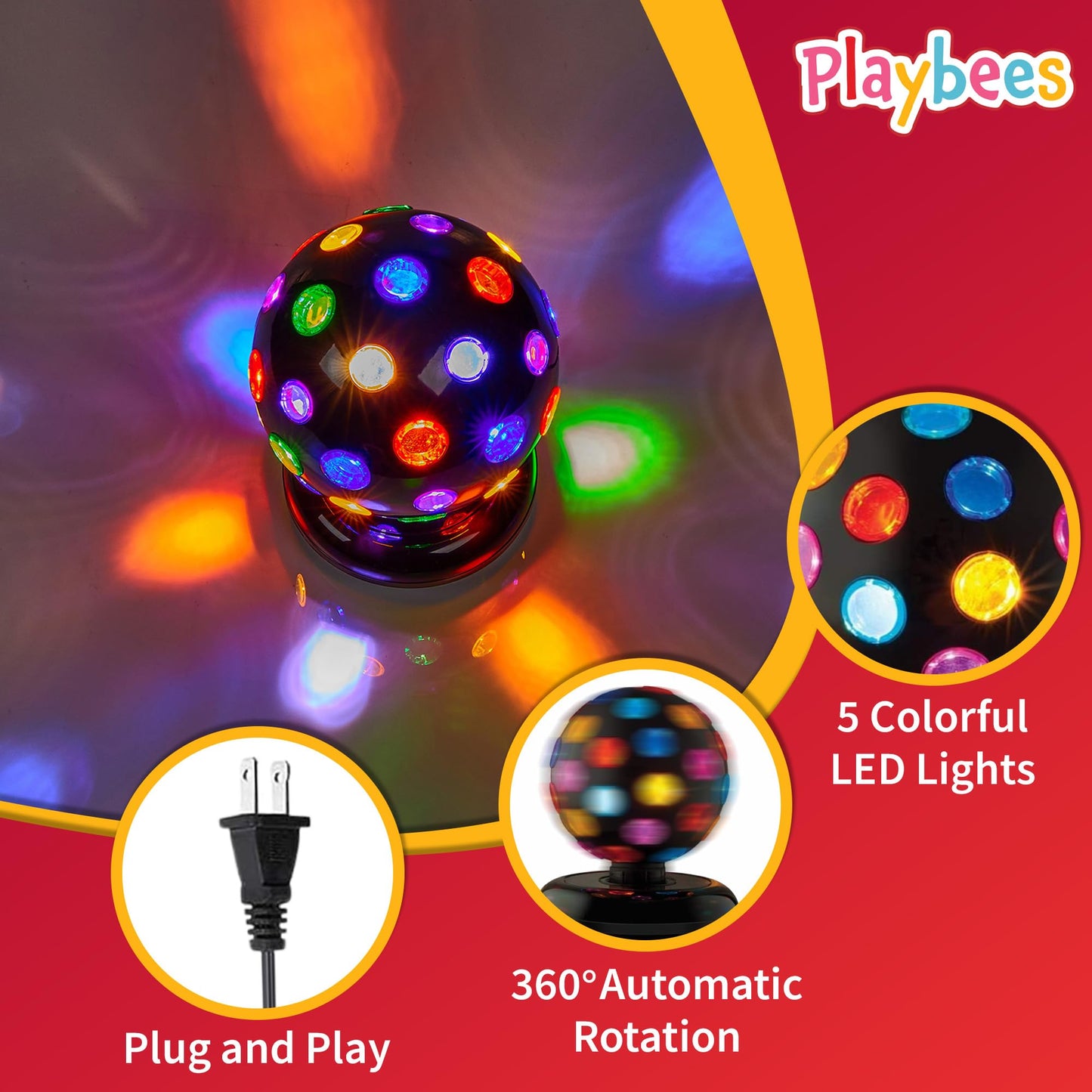 Playbees Rotating Disco Ball with LED Lights - Create a Dazzling Dance Atmosphere - Neon Birthday Party Vibes - Dance Party Supplies & Accessories - 11"