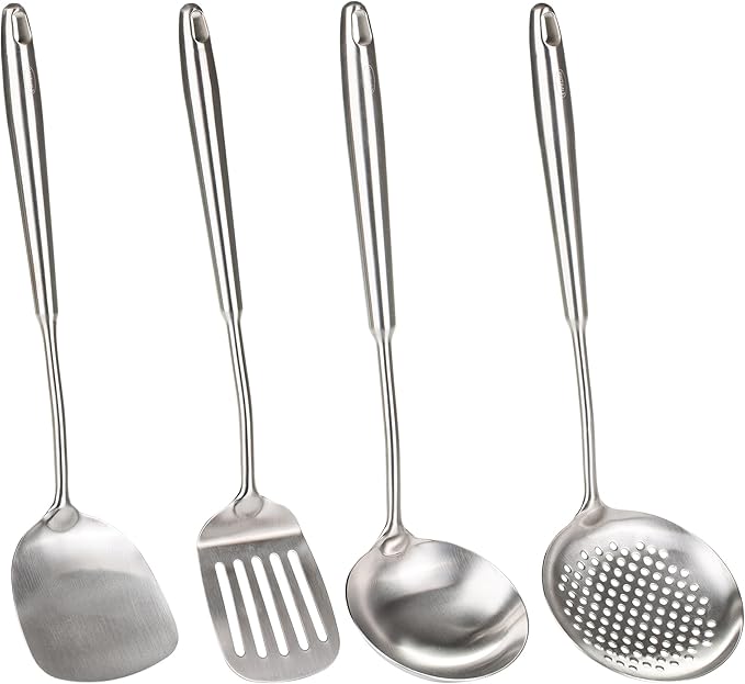 Wok spatula and ladle,Skimmer Ladle Tool Set, Chinese Wok Utensil Set, All metal 304 Stainless Steel Cooking Utensils(15in,15in,14in)