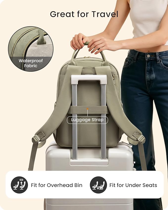 LOVEVOOK Laptop Backpack for Women with Giant Tumbler Holder Pocket, 15.6 inch Travel Work Backpack Purse for Teacher Nurse, Waterproof College Book Bag Cute Casual Daypack, Beige-Green