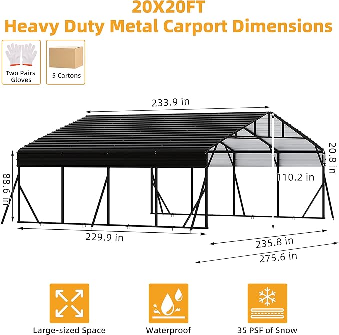 20' x 20' Heavy Duty Metal Carport with Galvanized Steel Roof, Metal Roof Carport with Enhanced Base, Tall MetalCarport Kits Garage for Tractors, Pickup, Boat, Car