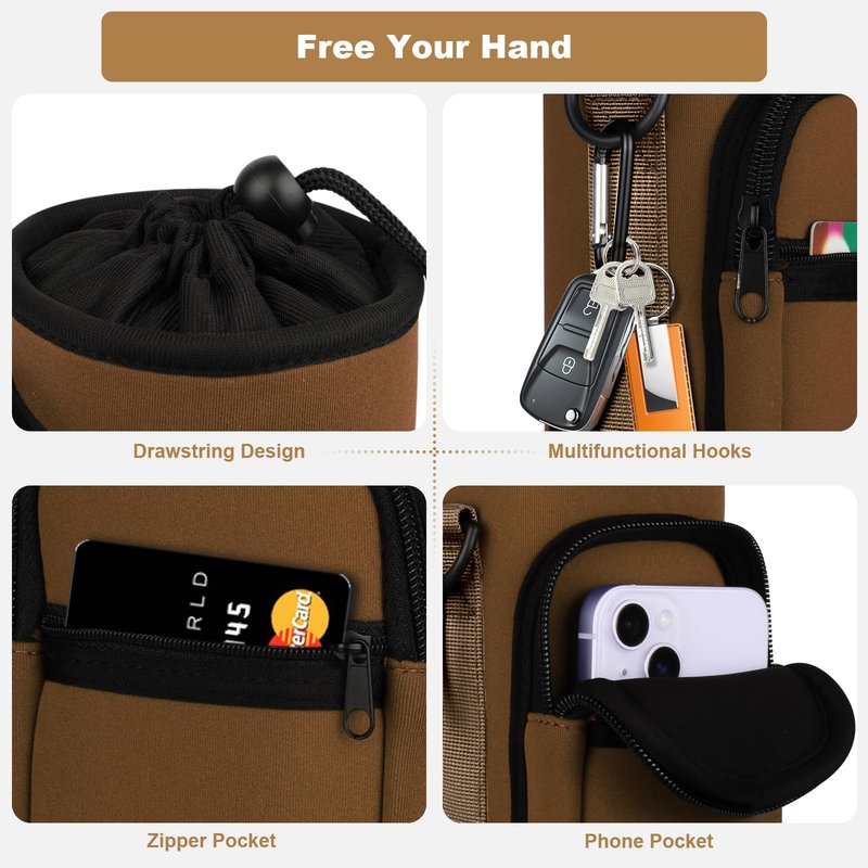 Bstge Water Bottle Holder with Strap, Water Bottle Carrier Bag with Phone Pocket, Shoulder Hand Strap Insulated Neoprene 32 oz Water Bottle Sleeve for Walking Hiking Camping Gym(coffee)