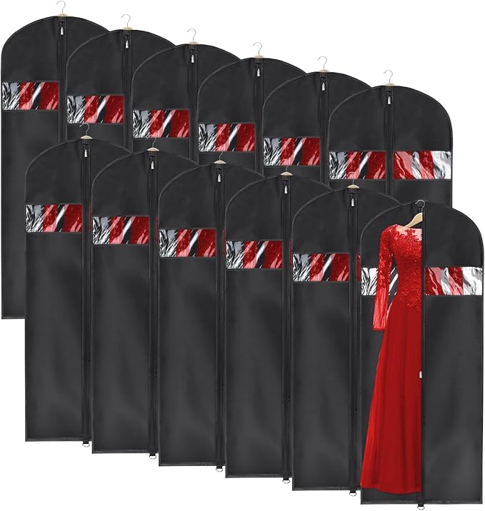 Univivi Garment Bags Clothes Covers for Storage, 60 Inch Dress Garment Bags Hanging Clothes Bags with Zipper, Gown Garment Bag for Long Dresses, Set of 12