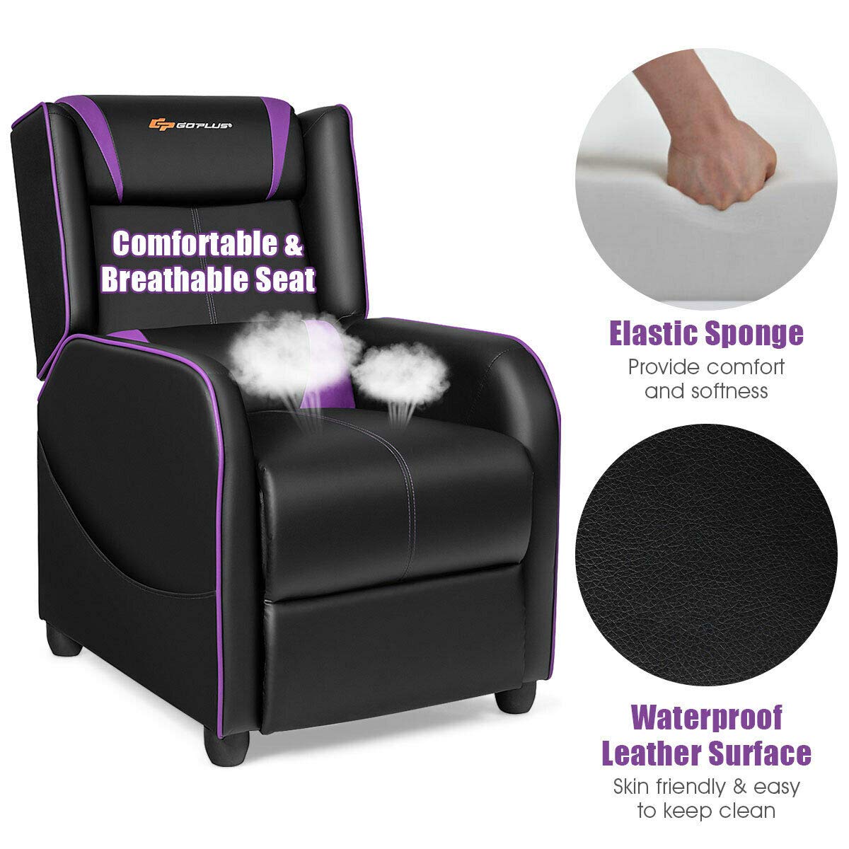 Goplus Massage Gaming Recliner Chair, Racing Style PU Leather Single Recliner Sofa with Footrest, Adjustable Modern Living Room Recliners, Ergonomic Home Theater Recliner Seat
