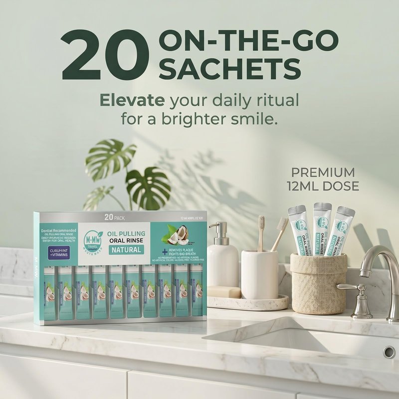 M-MW Coconut Oil Pulling Mouthwash for Fresh Breath (20 Travel Sachets)