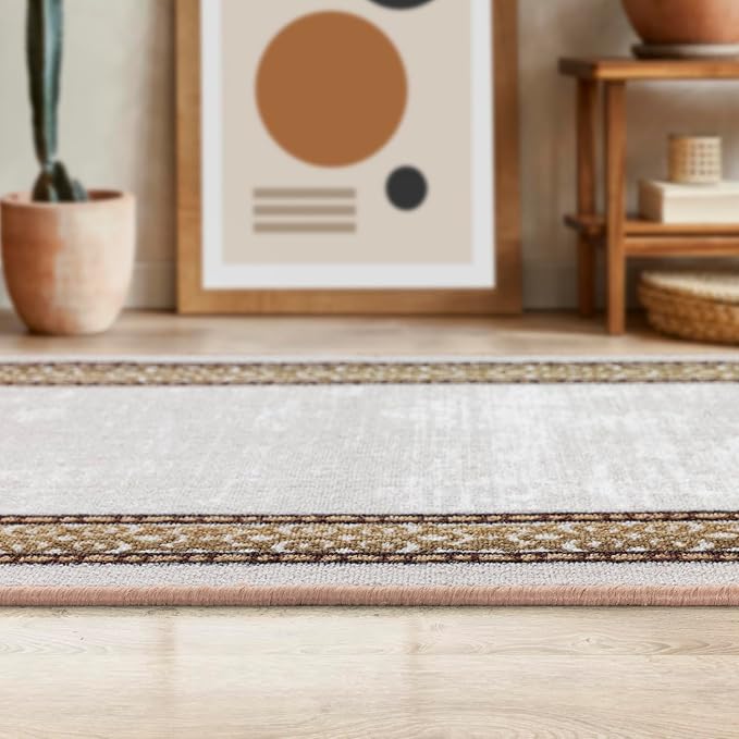 Antep Rugs Alfombras Bordered Modern 2x5 Non-Slip (Non-Skid) Low Pile Rubber Backing Kitchen Area Runner Rug (Beige, 2' x 5')