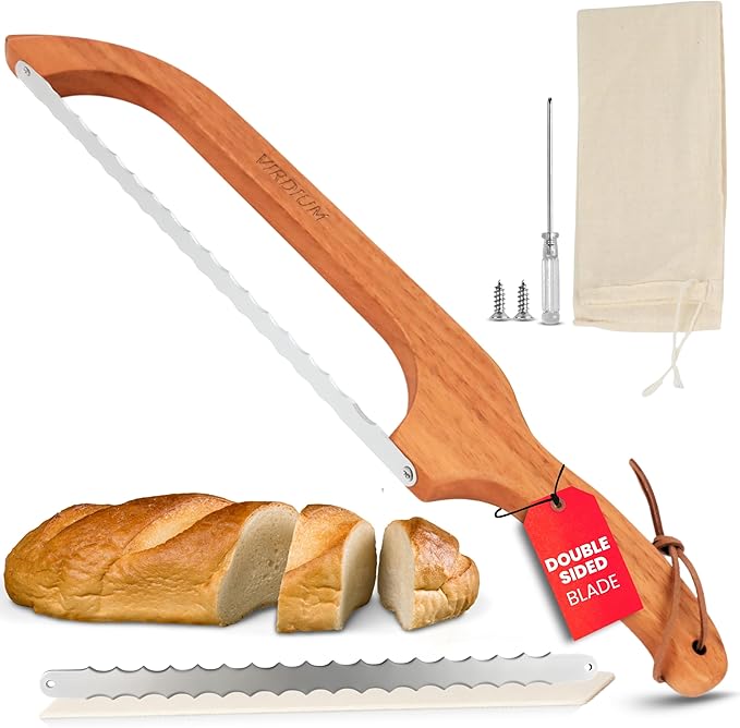 16" Premium Bread Slicer for Homemade Bread Knife For Homemade Bread Bow Sourdough Knife Starter Kit Bread Dough Tools Slicing Bagel slicer Wooden Sandwich Cutter Handle Saw breadly Razor Both Hand