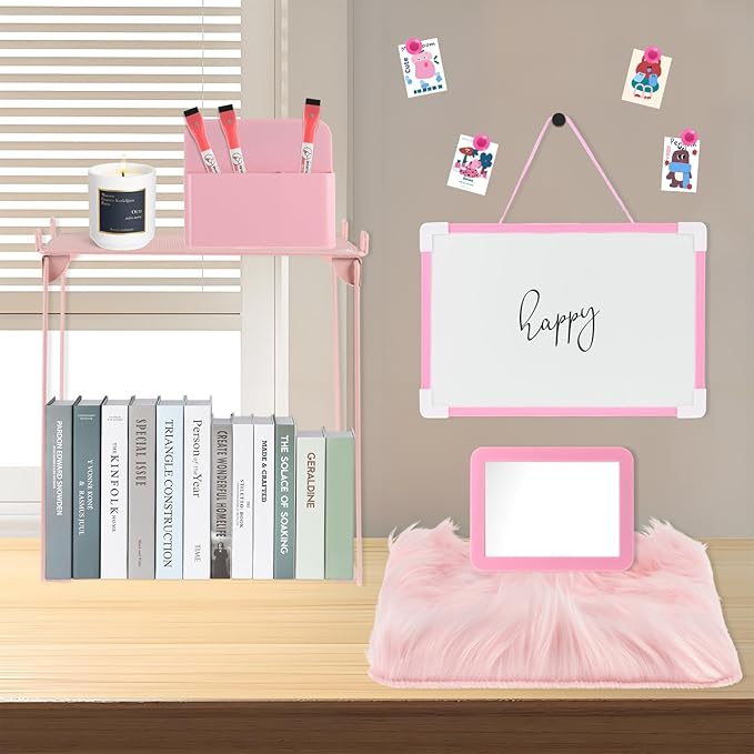 12 Pcs Locker Organizer and Decorating Kit, First Day of School Essentials,Back to School Essentials Locker Decoration, Print Whiteboard with Markers Plush Area Rug String Mirror Magnetic Cup