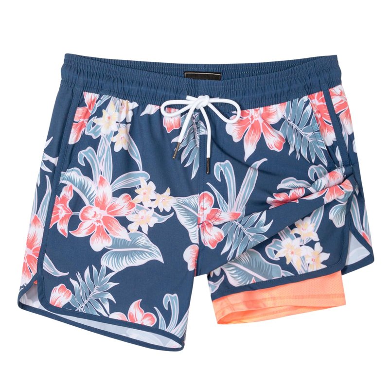 SURF CUZ Mens Swim Trunks with Compression Liner 5" Swimming Trunks 5 Inch Retro Swim Shorts with Zipper Pockets,Blue Retro,M