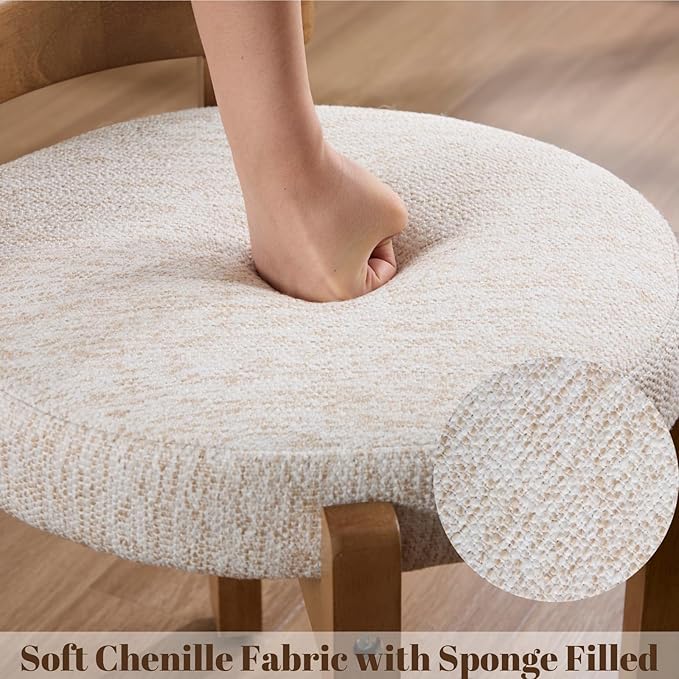 DUOMAY Modern Chenille Vanity Stools Set of 2, Upholstered Low Back Ottomans with Solid Wood Legs Cute Round Footrest Makeup Stools Dressing Seat for Living Room Bedroom, Beige