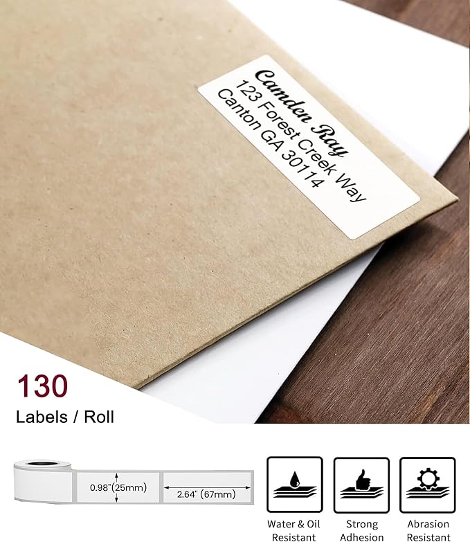 [3x130 pcs] Phomemo Address Labels, 3 Rolls 0.98''x2.64'' (25x67mm) M110 M100 M220 M221 M120 M200 Label, White, 130 Labels/Roll, All-Purpose Adhesive Thermal Phomemo Original