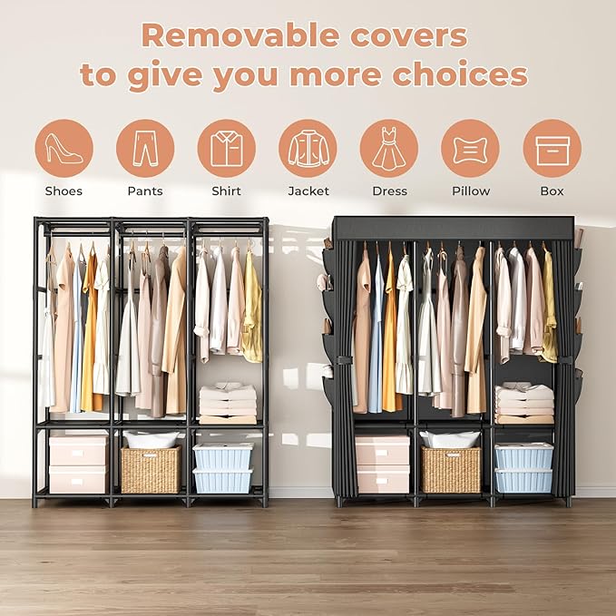 Wardrobe Closet, Portable Closets for Hanging Clothes 19mm Steel Tube Portable Wardrobe Closet for Bedroom, Clothes Rack with Cover, 3 Hanging Rod, 6 Storage Shelves and Side Pocket