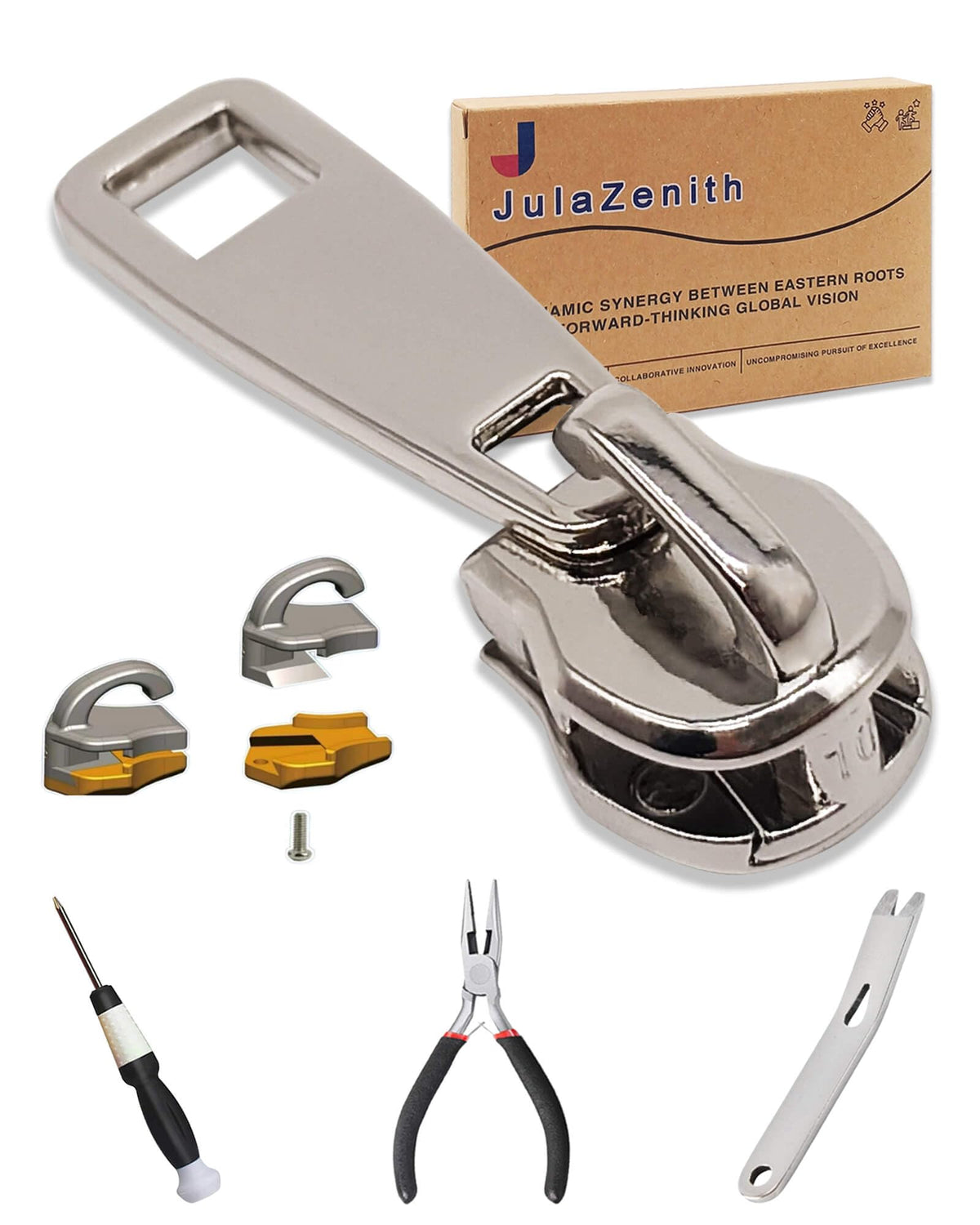 Durable Zipper Pull Replacement, Zipper Repair Kit with Fixing Tools, Professional Zippers Repair Solution for Jackets, Luggage, Bags, Tents and Outdoor Gear (Silver, 10#)