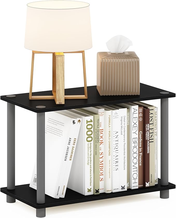 Furinno TURN-N-TUBE Side Table, 2-Tier Modern Rectangle End Table with Open Shelf, Night Stand, Bedside Table, Toolless Assembly, for Living Room, Bedroom, Black