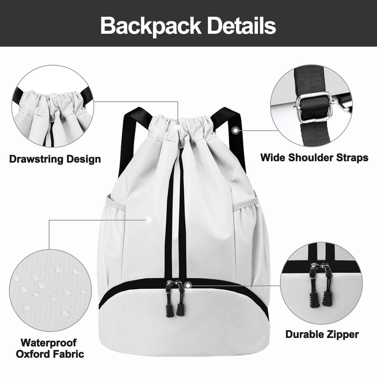 Hoedia Sports Drawstring Backpack - String Swim Gym Bag with Shoes Compartment and Wet Proof Pocket for Women/Men (White)