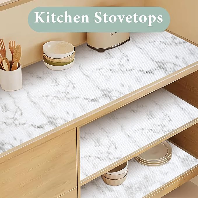 Drawer and Shelf Liner for Kitchen Cabinet: 12 in X 49.21Ft Non Slip Waterproof Shelf Paper Non Adhesive Refrigerator Liners White Marble Easy Liners for Bathroom with Knife Tape Measure