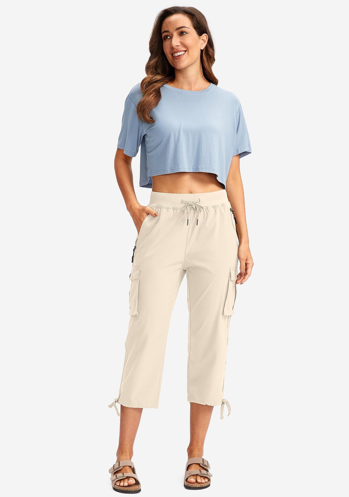 Soothfeel Women's Cargo Capris Pants with 6 Pockets Lightweight Quick Dry Travel Hiking Summer Pants for Women Casual (Beige, 3XL)