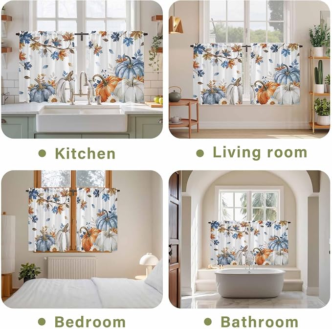 Navy Blue Pumpkin Fall Kitchen Curtains 54 Inch Long 2 Panel Set, Rod Pocket
