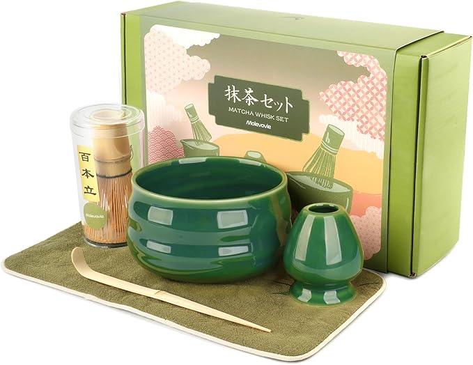 Matcha Whisk Set – Ceramic Matcha Set with Matcha Bowl, Matcha Whisk & Holder, Bamboo Scoop, Tea Towel – 5-Piece Japanese Matcha Kit for Matcha Lovers, Beginners & Gifting (Gray, 17oz)