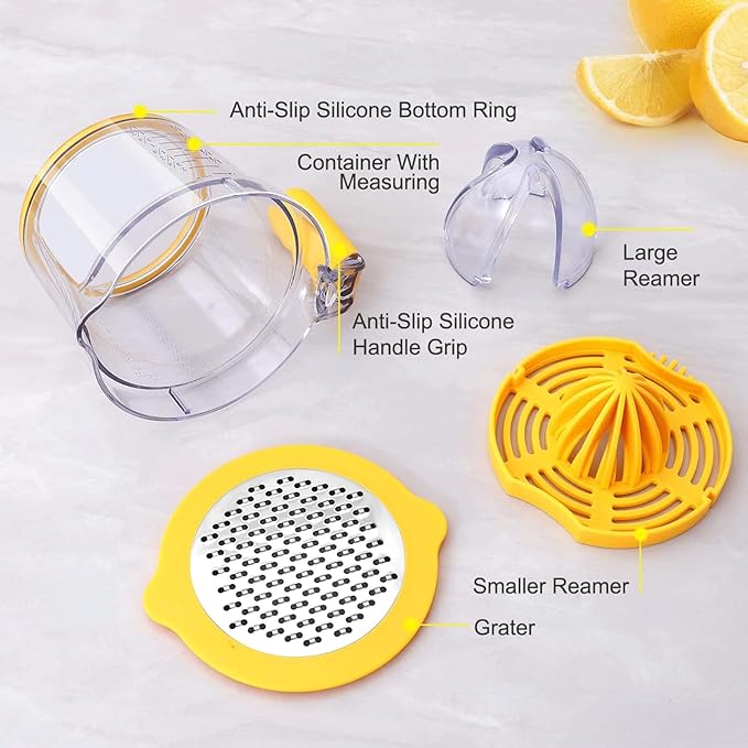 Drizom Citrus Lemon Orange Juicer Manual Hand Squeezer, Fruit Juicer Lime Press with Built-in Measuring Cup and Grater and Egg separator, Non-Slip Silicone Handle, 20OZ