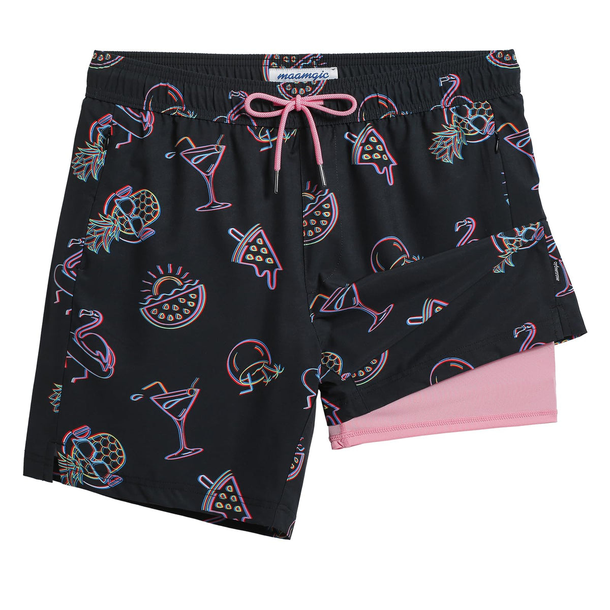 maamgic 2 in 1 Mens Swim Trunks 7 Inch Swim Shorts Swim Suits Board Shorts Party Night-Black X-Large